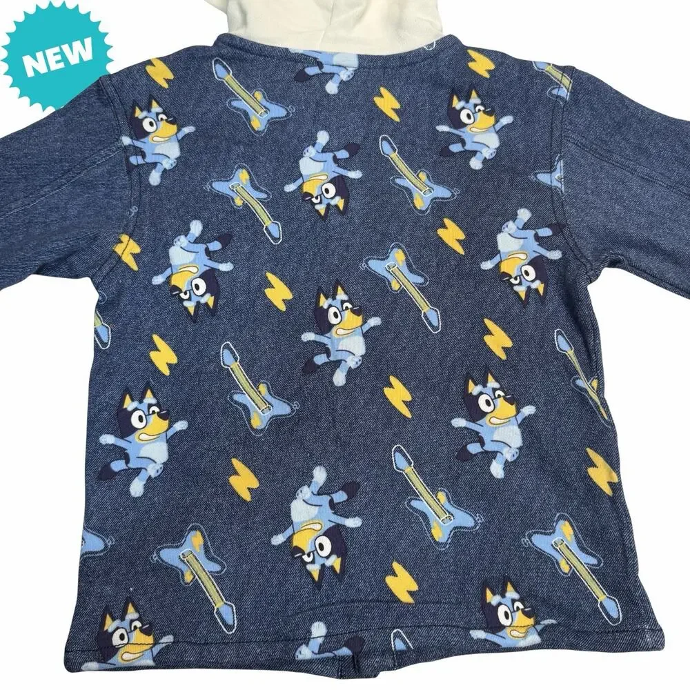 Bluey Cartoon Denim Jacket 5T Unisex Baby & Toddler Hooded Pockets Guitar NEW
